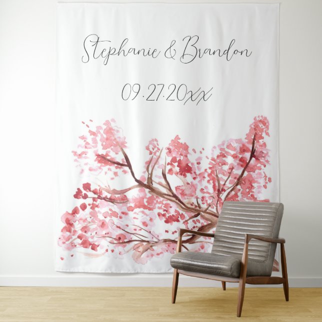 Pink Cherry Blossom Floral Wedding Photo Booth Tapestry (In Situ)