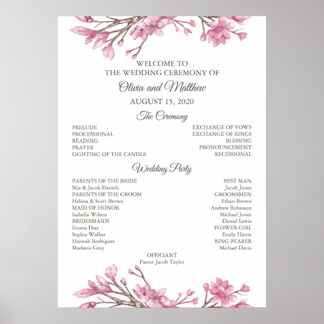 Pink cherry blossom. Floral wedding Program Poster (Front)