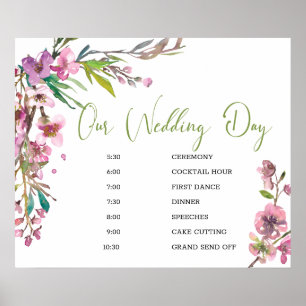 Pink Cherry Blossom Floral Wedding Schedule Sign