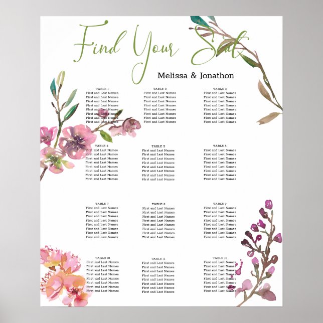 Pink Cherry Blossom Floral Wedding Seating Chart (Front)