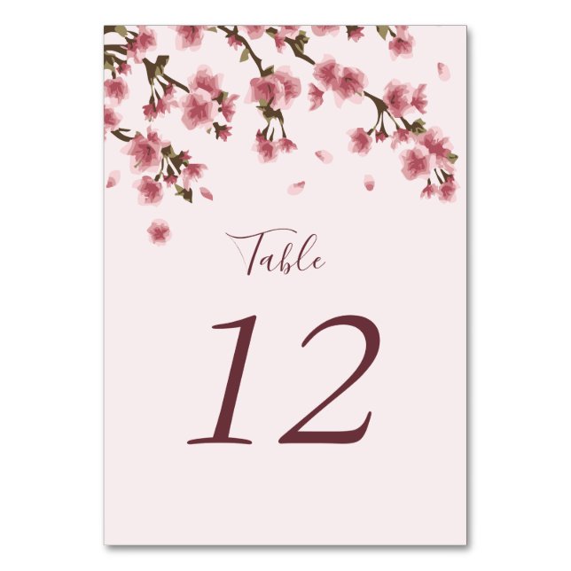Pink Cherry Blossom Floral Wedding Table Number (Front)