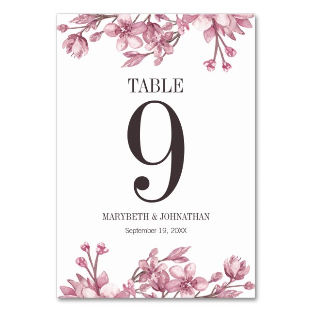 Pink Cherry Blossom Floral Wedding Table Number (Back)