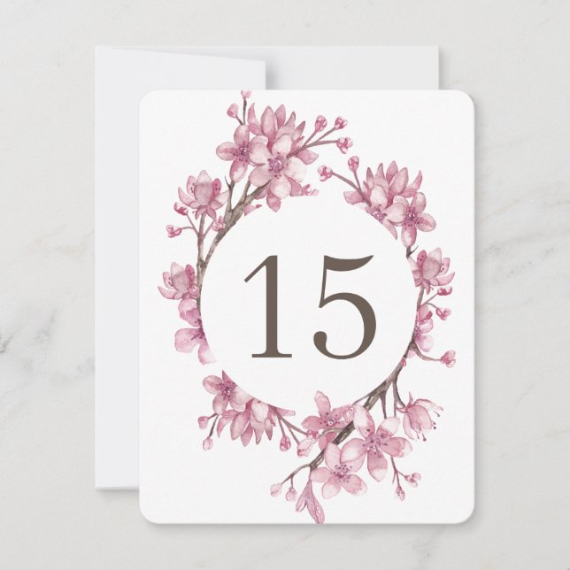 Pink cherry blossom. Floral wedding Table numbers (Front)