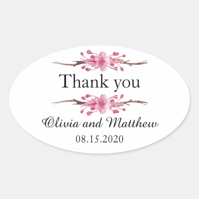Pink cherry blossom. Floral wedding Thank You Oval Sticker (Front)