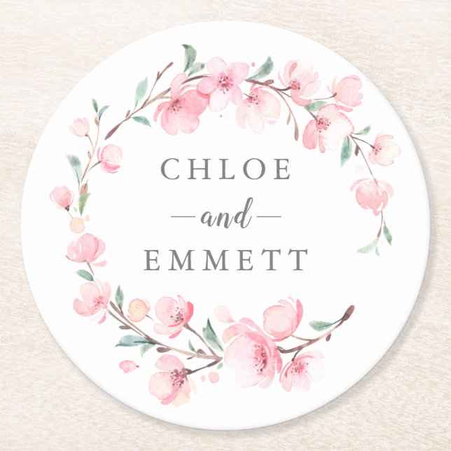 Pink Cherry Blossom Floral Wreath Round Paper Coaster (Front)