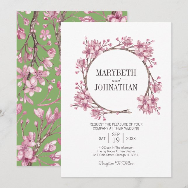 Pink Cherry Blossom Floral Wreath Wedding Invitation (Front/Back)