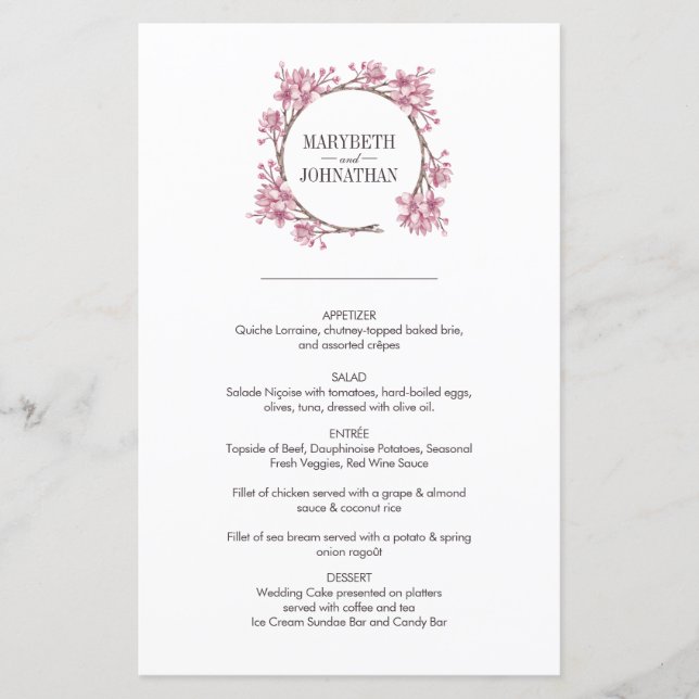Pink Cherry Blossom Floral Wreath Wedding Menu (Front)