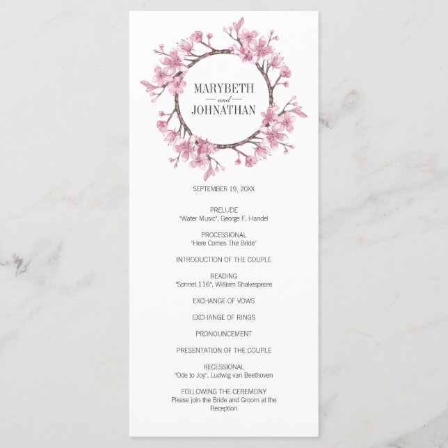 Pink Cherry Blossom Floral Wreath Wedding Program Programme (Front)