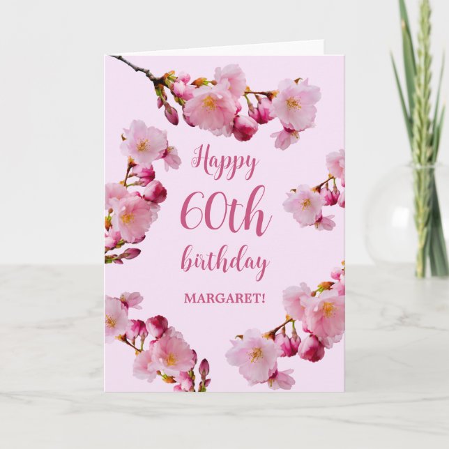 Pink Cherry Blossom Florals Happy 60th Birthday Card (Front)
