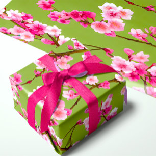 Pink Cherry Blossom Florals on Chartreuse Green Wrapping Paper
