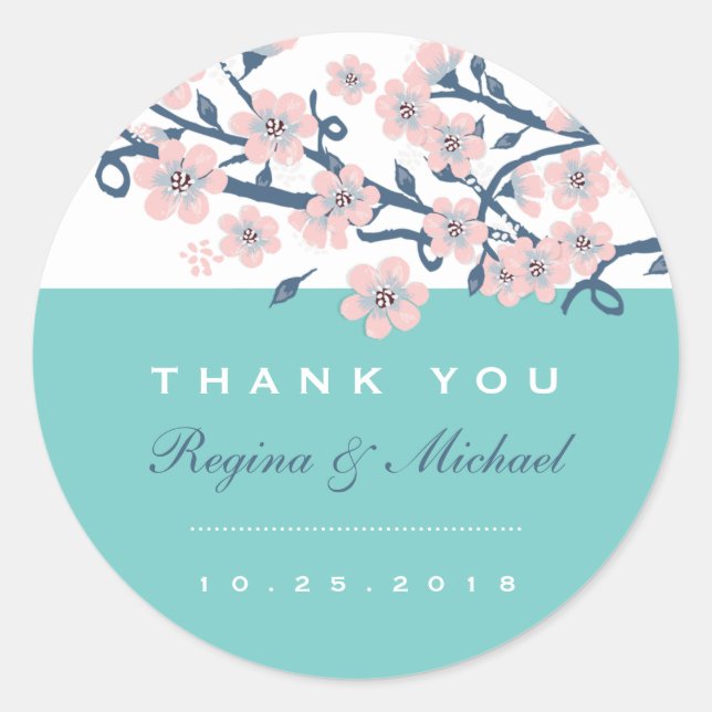 Pink Cherry Blossom Flower Wedding Favour Sticker (Front)