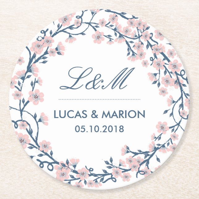 Pink Cherry Blossom Flower Wedding Party Coaster (Front)