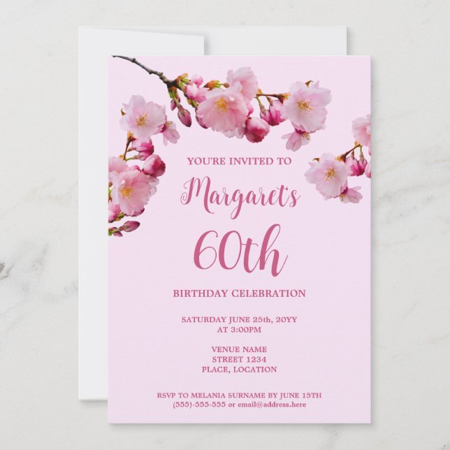 Pink Cherry Blossom Flowers 60th Birthday Party Invitation (Front)