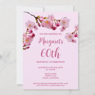 Pink Cherry Blossom Flowers 60th Birthday Party Invitation
