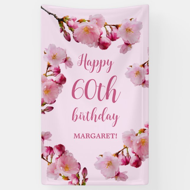 Pink Cherry Blossom Flowers 60th Happy Birthday Banner (Vertical)