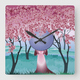 Pink Cherry Blossom Flowers Girl With Umbrella Thr Square Wall Clock