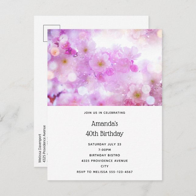 Pink Cherry Blossom Flowers Photo Birthday Invitation Postcard (Front/Back)