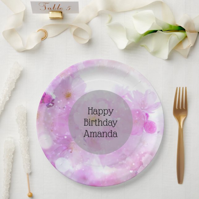 Pink Cherry Blossom Flowers Photo - Birthday Paper Plate (Wedding)