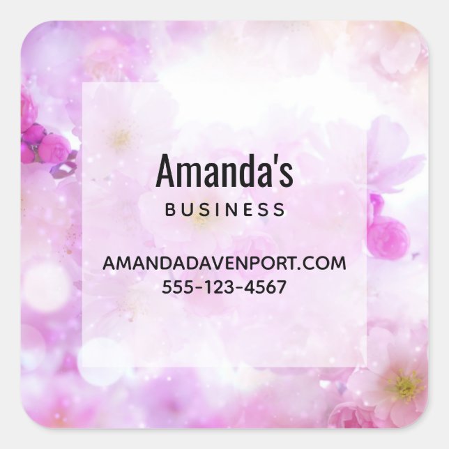 Pink Cherry Blossom Flowers Photo Business Square Sticker (Front)