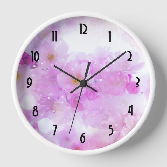 Pink Cherry Blossom Flowers Photo Clock (Front)