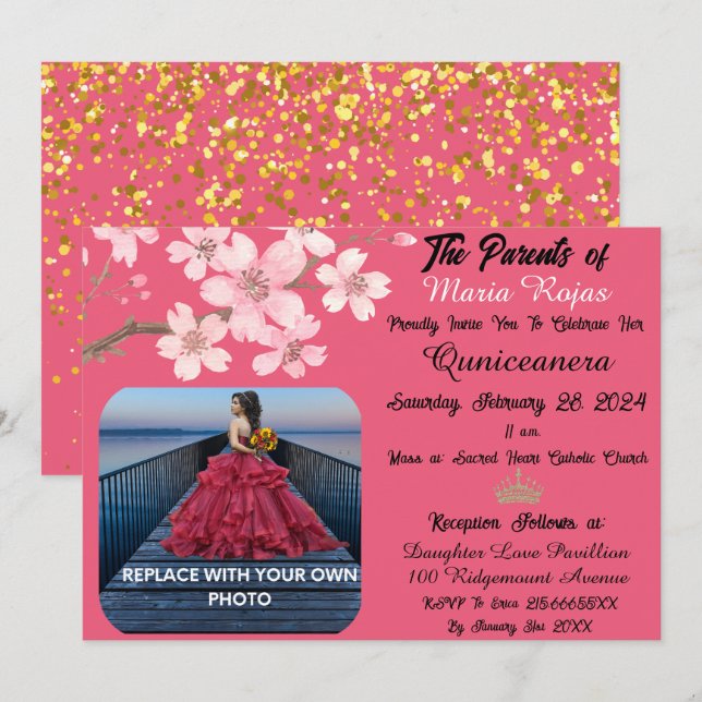 Pink Cherry Blossom Flowers | Photo Quinceanera Invitation (Front/Back)