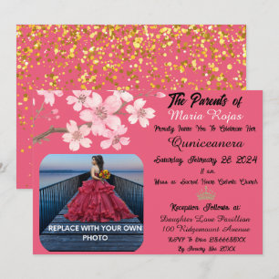 Pink Cherry Blossom Flowers   Photo Quinceanera Invitation