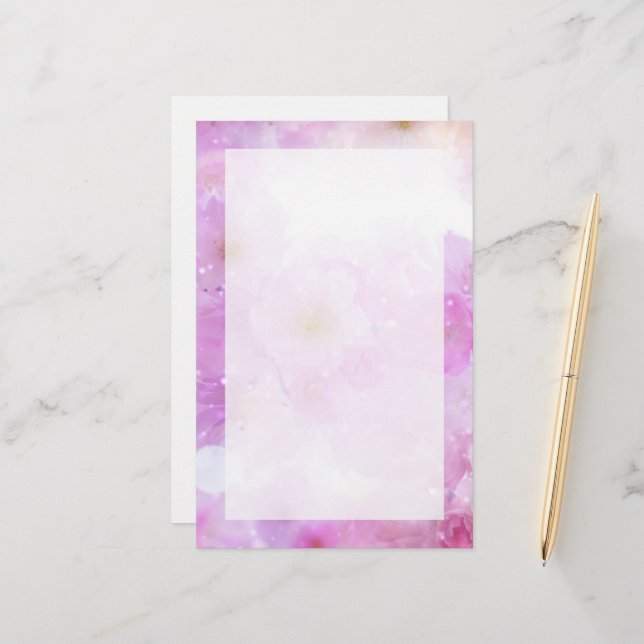 Pink Cherry Blossom Flowers Photo Stationery (Front/Back In Situ)