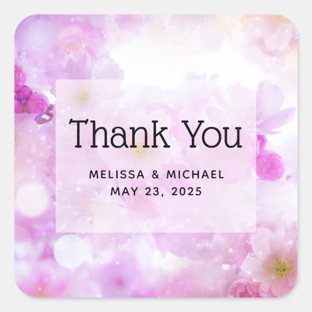 Pink Cherry Blossom Flowers Photo Thank You Square Sticker (Front)