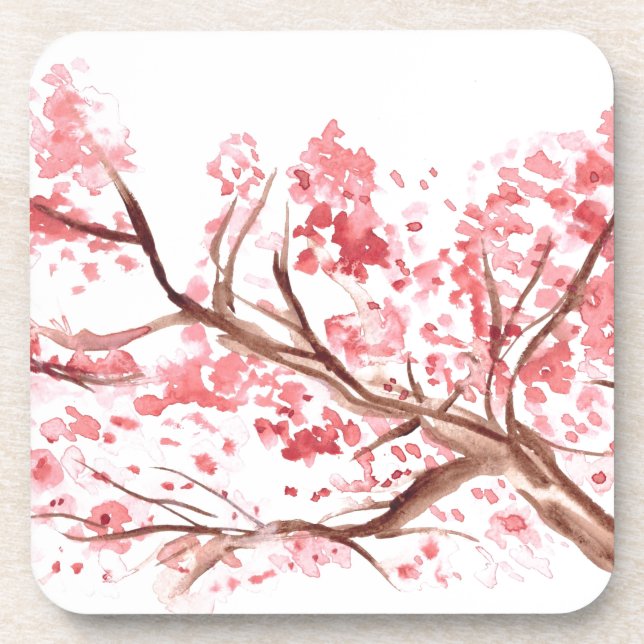Pink cherry blossom flowers watercolor Sakura Coaster (Front)
