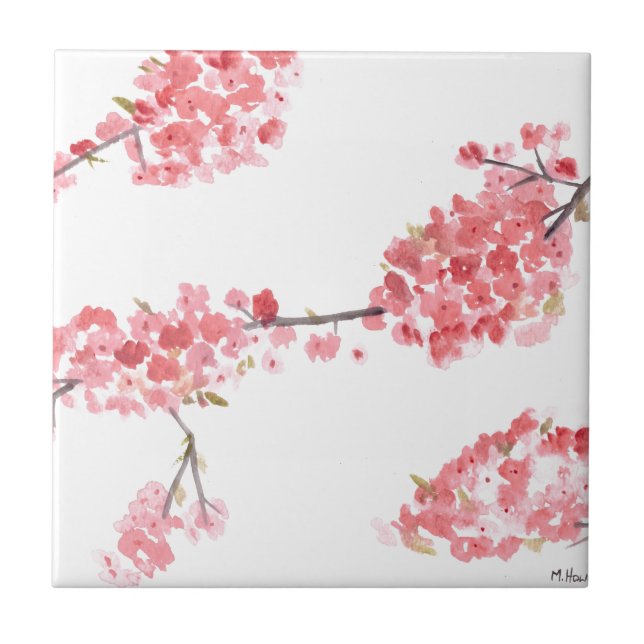 Pink cherry blossom flowers watercolor spring  tile (Front)
