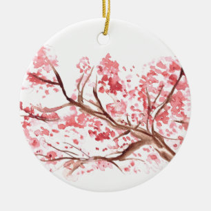 Pink cherry blossom flowers watercolor vintage ceramic tree decoration
