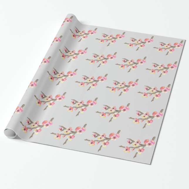 Pink Cherry Blossom Flowers Wrapping Paper (Unrolled)