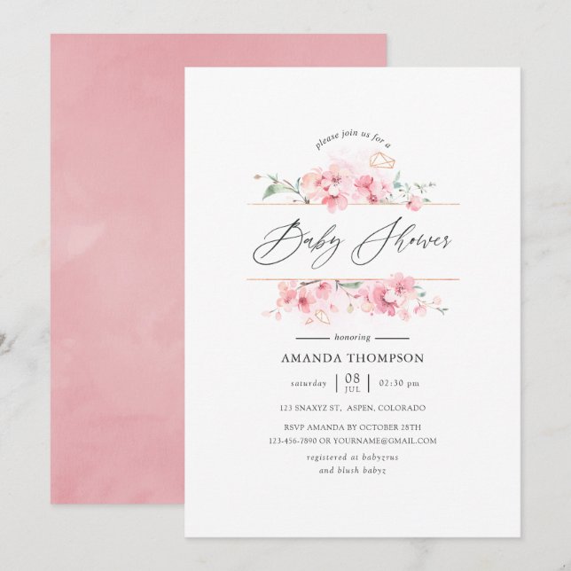 Pink Cherry Blossom Geometric Baby Shower Invitation (Front/Back)