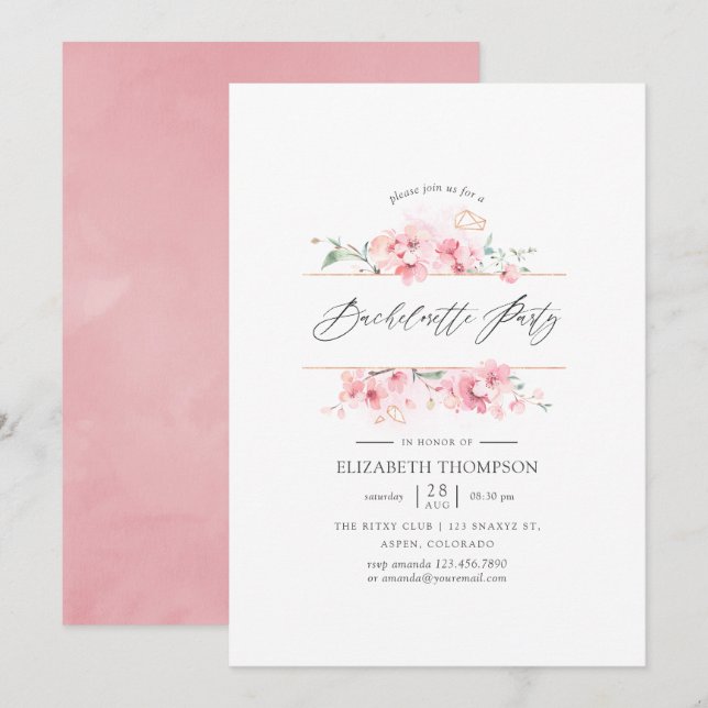 Pink Cherry Blossom Geometric Bachelorette Party Invitation (Front/Back)