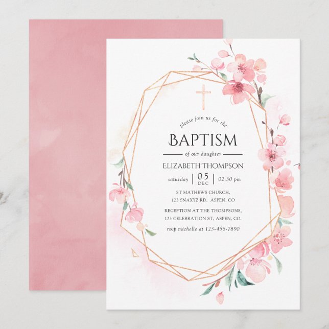 Pink Cherry Blossom Geometric Baptism Invitation (Front/Back)