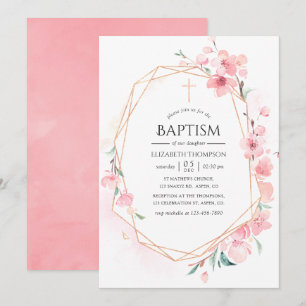 Pink Cherry Blossom Geometric Baptism Invitation