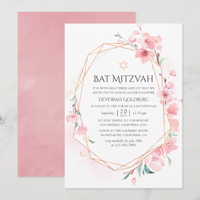 Pink Cherry Blossom Geometric Bat Mitzvah Invitation (Front/Back)