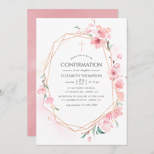 Pink Cherry Blossom Geometric Confirmation Invitation (Front/Back)