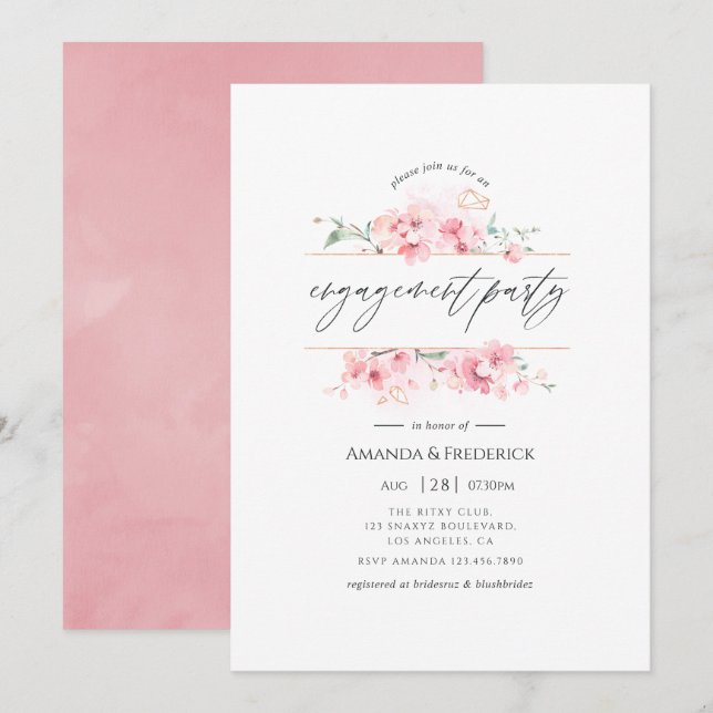 Pink Cherry Blossom Geometric Engagement Party Invitation (Front/Back)