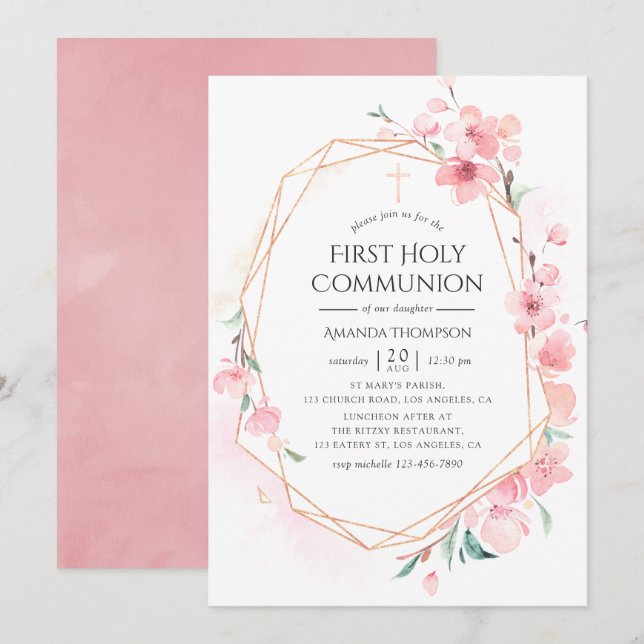 Pink Cherry Blossom Geometric Holy Communion Invitation (Front/Back)