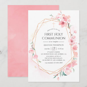 Pink Cherry Blossom Geometric Holy Communion Invitation