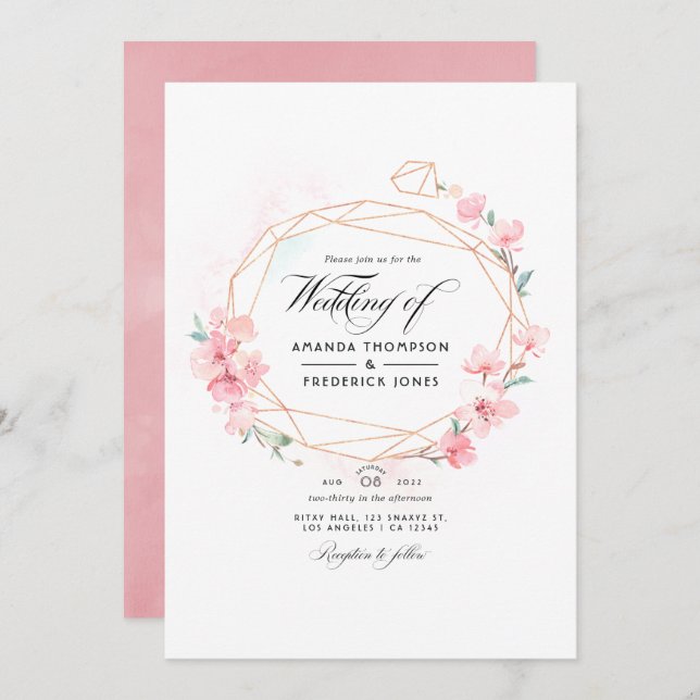 Pink Cherry Blossom Geometric QR Code RSVP Wedding Invitation (Front/Back)