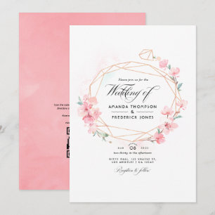 Pink Cherry Blossom Geometric QR Code RSVP Wedding Invitation