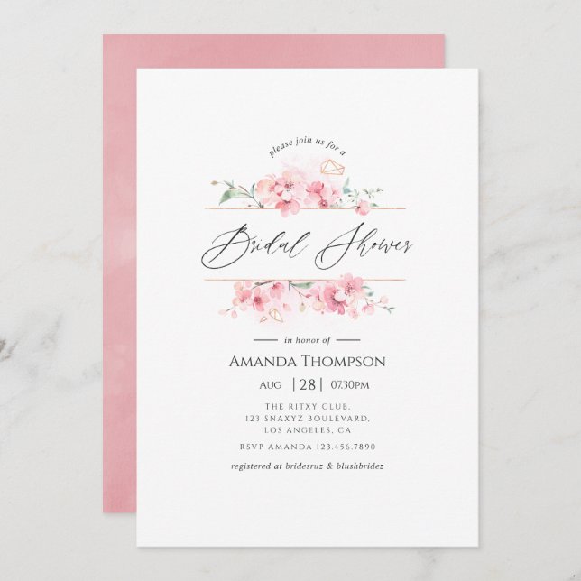 Pink Cherry Blossom Geometric Spring Bridal Shower Invitation (Front/Back)