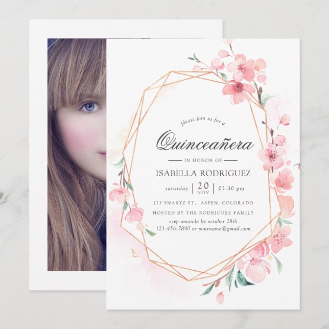 Pink Cherry Blossom Geometric Spring Quinceañera Invitation (Front/Back)