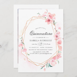 Pink Cherry Blossom Geometric Spring Quinceañera Invitation