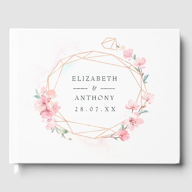 Pink Cherry Blossom Geometric Spring Wedding Guest Book (Front)
