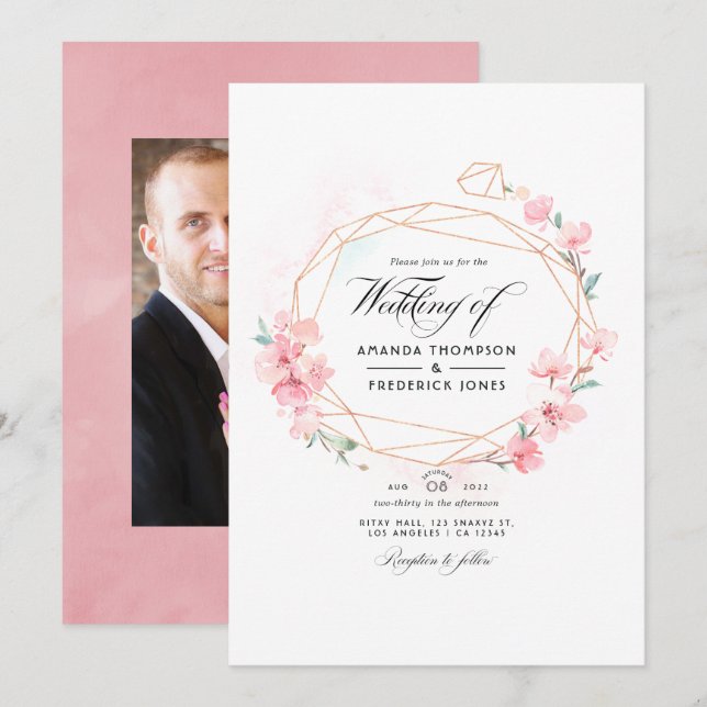 Pink Cherry Blossom Geometric Spring Wedding Photo Invitation (Front/Back)