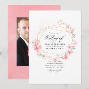 Pink Cherry Blossom Geometric Spring Wedding Photo Invitation