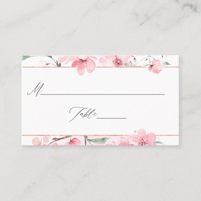 Pink Cherry Blossom Geometric Spring Wedding Place Card (Front)